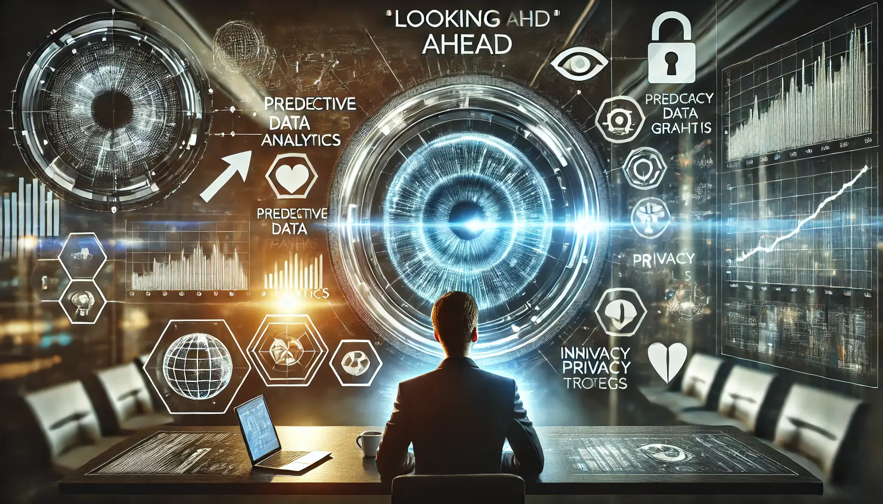 A professional gazing at a futuristic holographic display with predictive analytics, trend graphs, and privacy tools, symbolizing forward-thinking strategies.