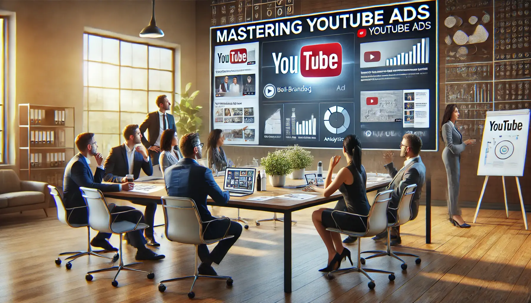 A team of professionals reviewing successful YouTube ads on a large screen in a modern office, with design materials and analytics on the table.