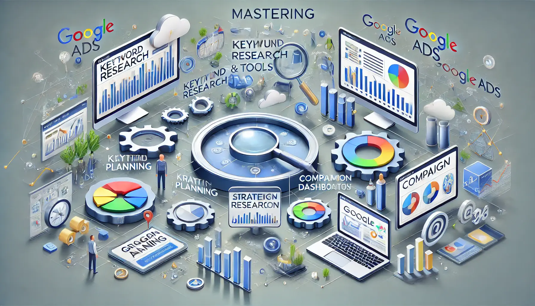 A depiction of mastering Google Ads, showcasing keyword tools, campaign dashboards, ad previews, and performance metrics.