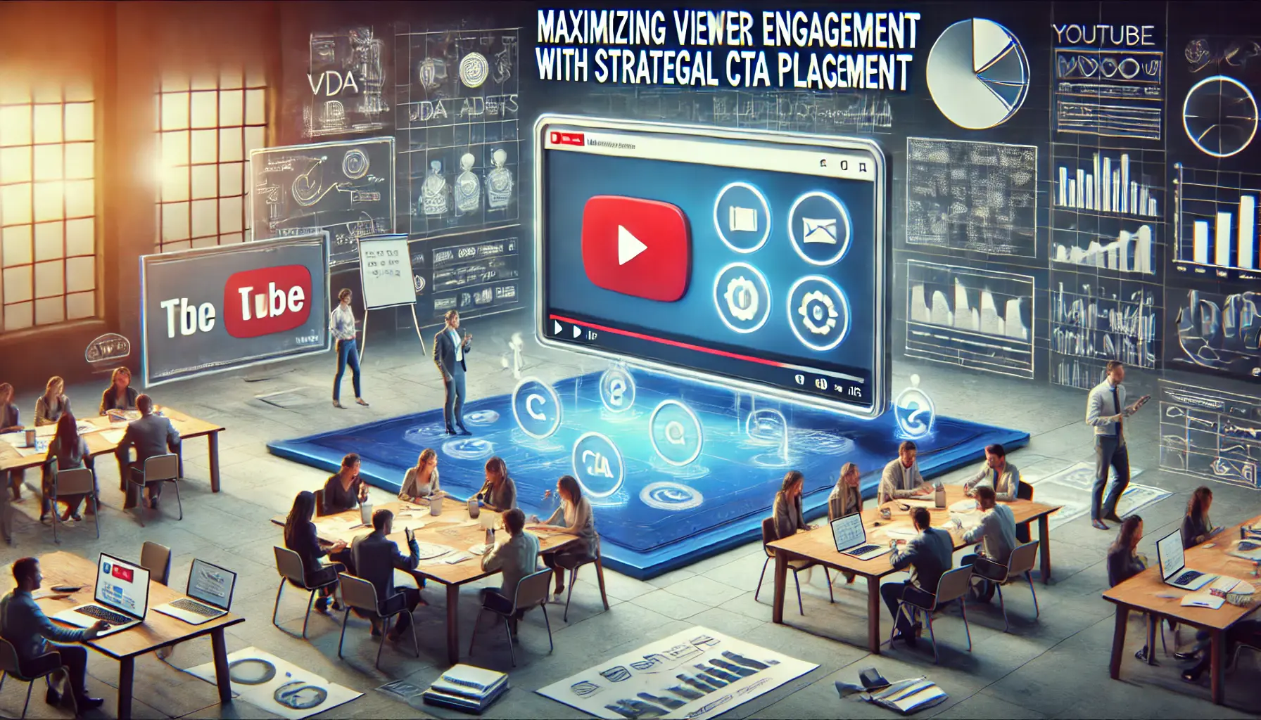 A dynamic workspace with a team brainstorming around a table, featuring a large screen showing a YouTube video interface with interactive elements and CTA placements.