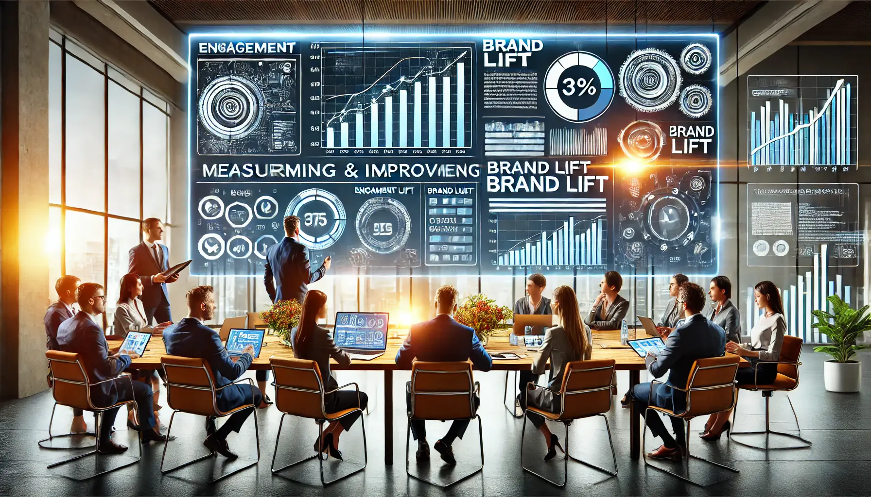 A team analyzing branding effectiveness with performance metrics like engagement rates and brand lift on a large monitor in a modern office.