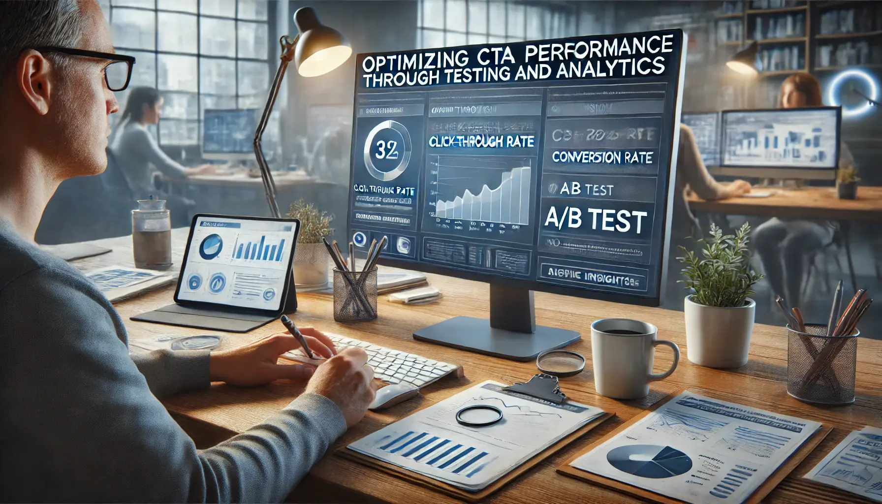 A marketer analyzing data on a computer screen showing metrics like CTR, conversion rate, and A/B test results, with a tablet and notepad on the desk.