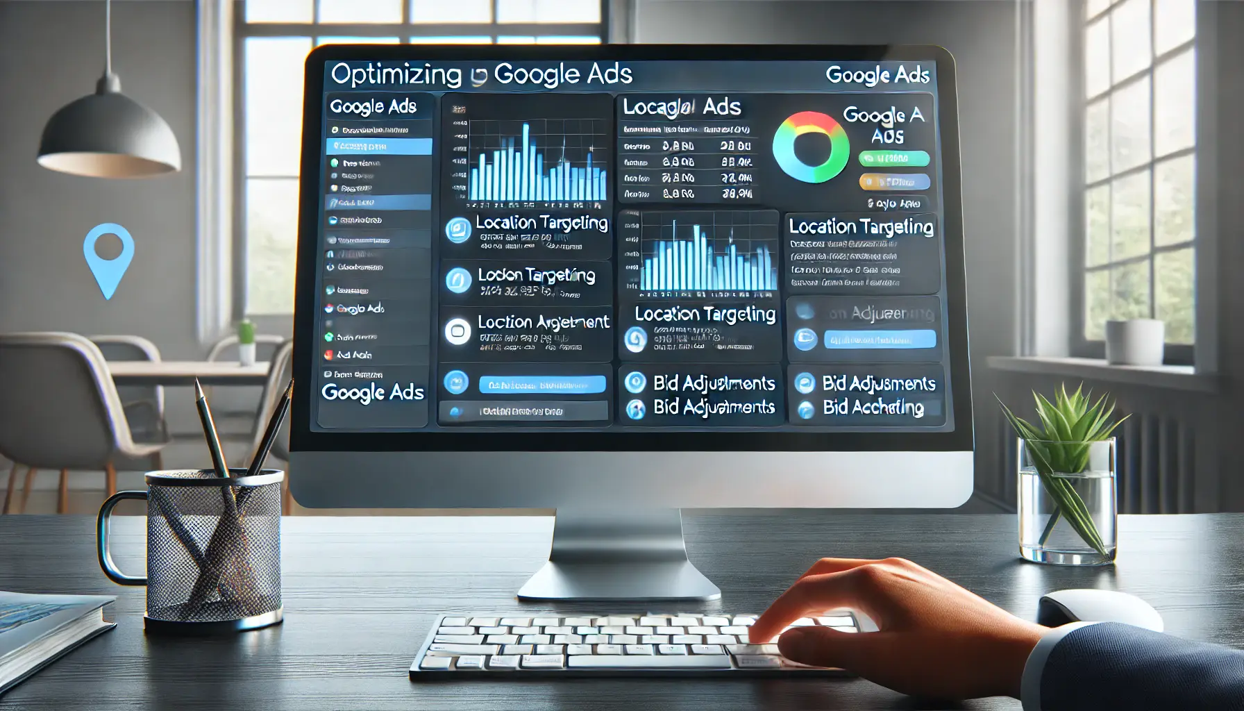 A digital marketing professional optimizing Google Ads settings for location-based strategies on a computer screen.