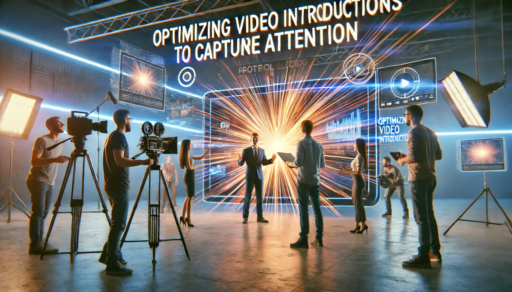 A video production team optimizing a high-energy video introduction with the director discussing ideas with the presenter while the camera crew adjusts framing and lighting.