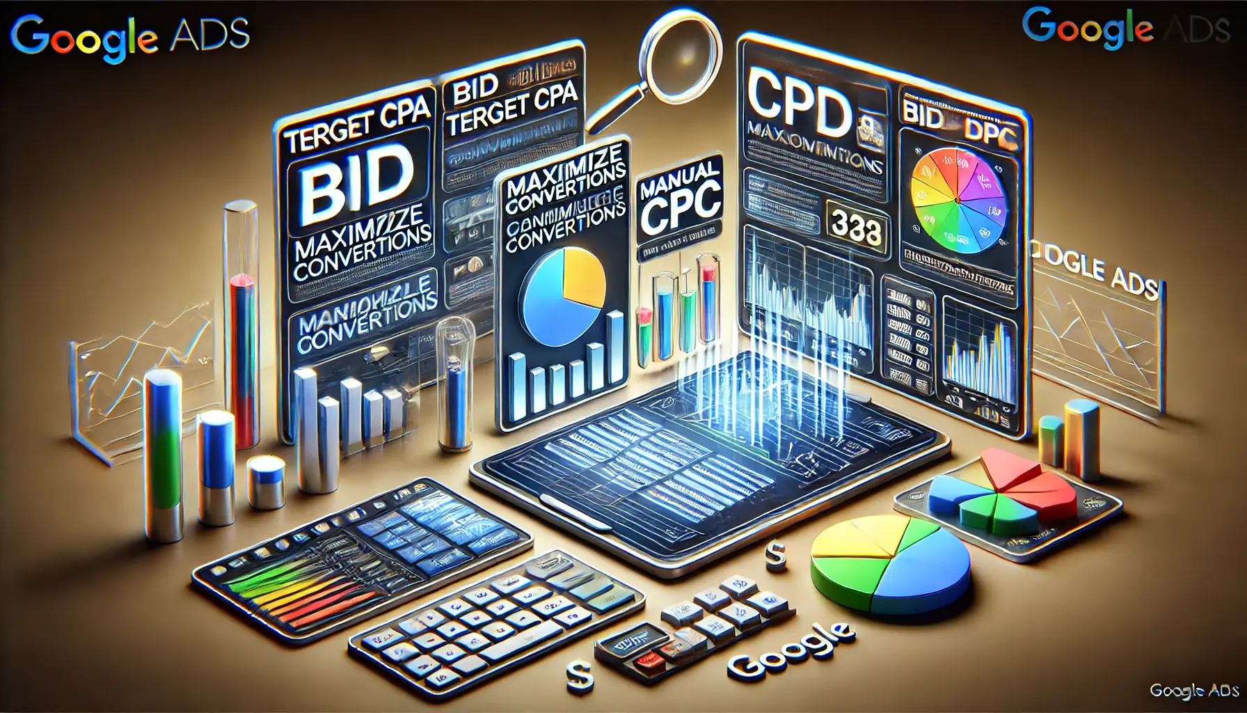 A depiction of Google Ads bidding strategies, showcasing bid sliders, campaign dashboards, and performance metrics.