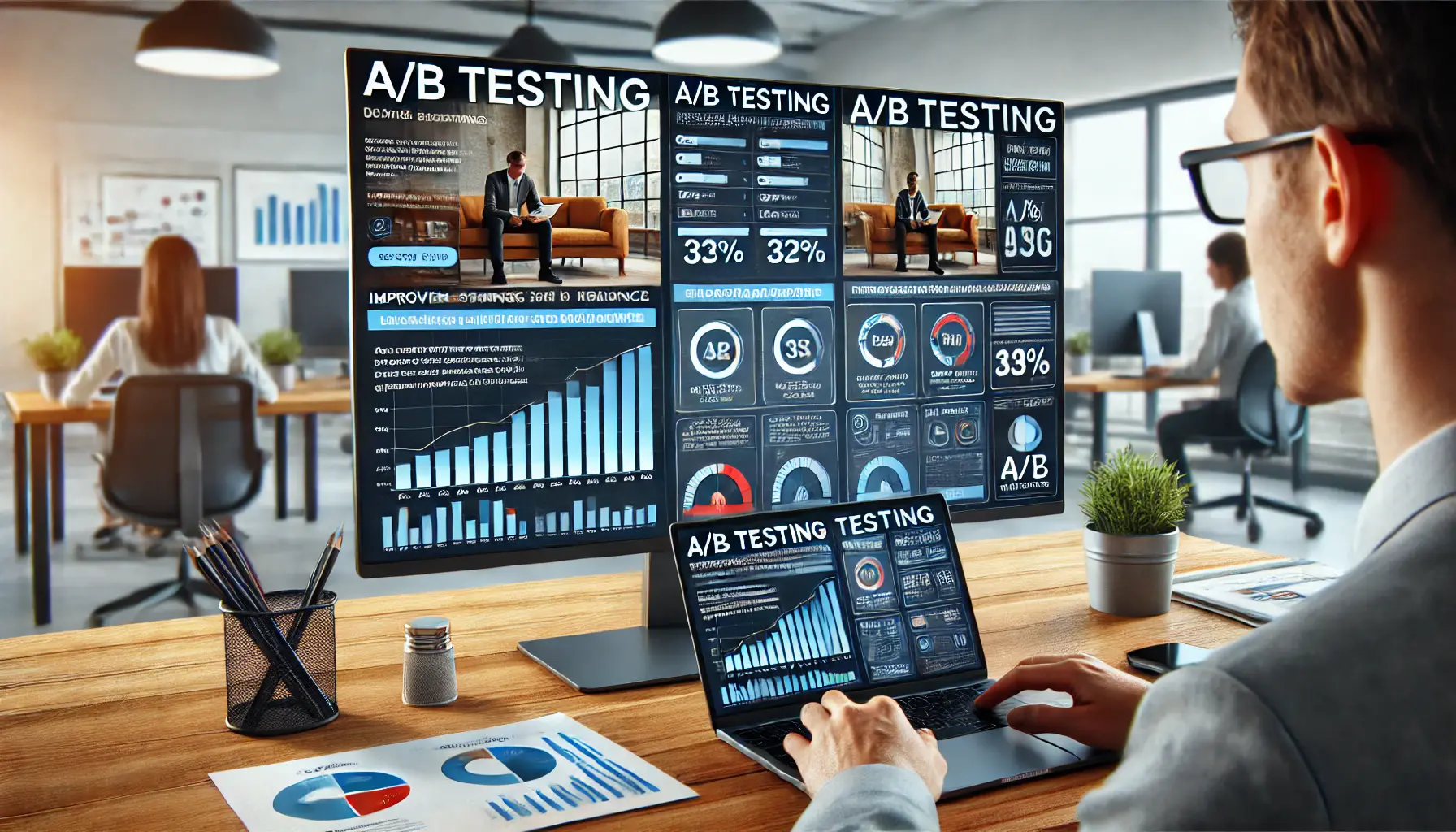 A professional workspace with two versions of a digital ad side by side, displaying A/B testing results and analytics charts on a laptop screen.