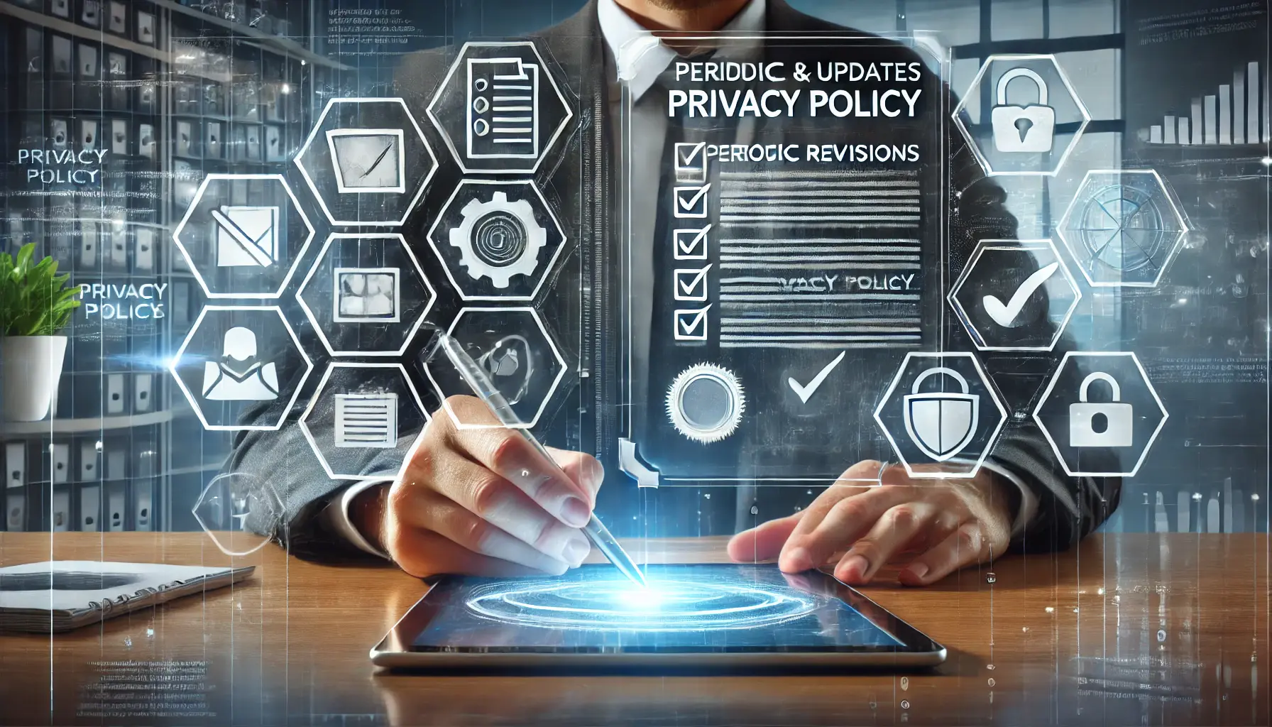 A professional reviewing a digital privacy policy document on a tablet, surrounded by holographic icons like a checklist, calendar, and shield, symbolizing periodic updates.