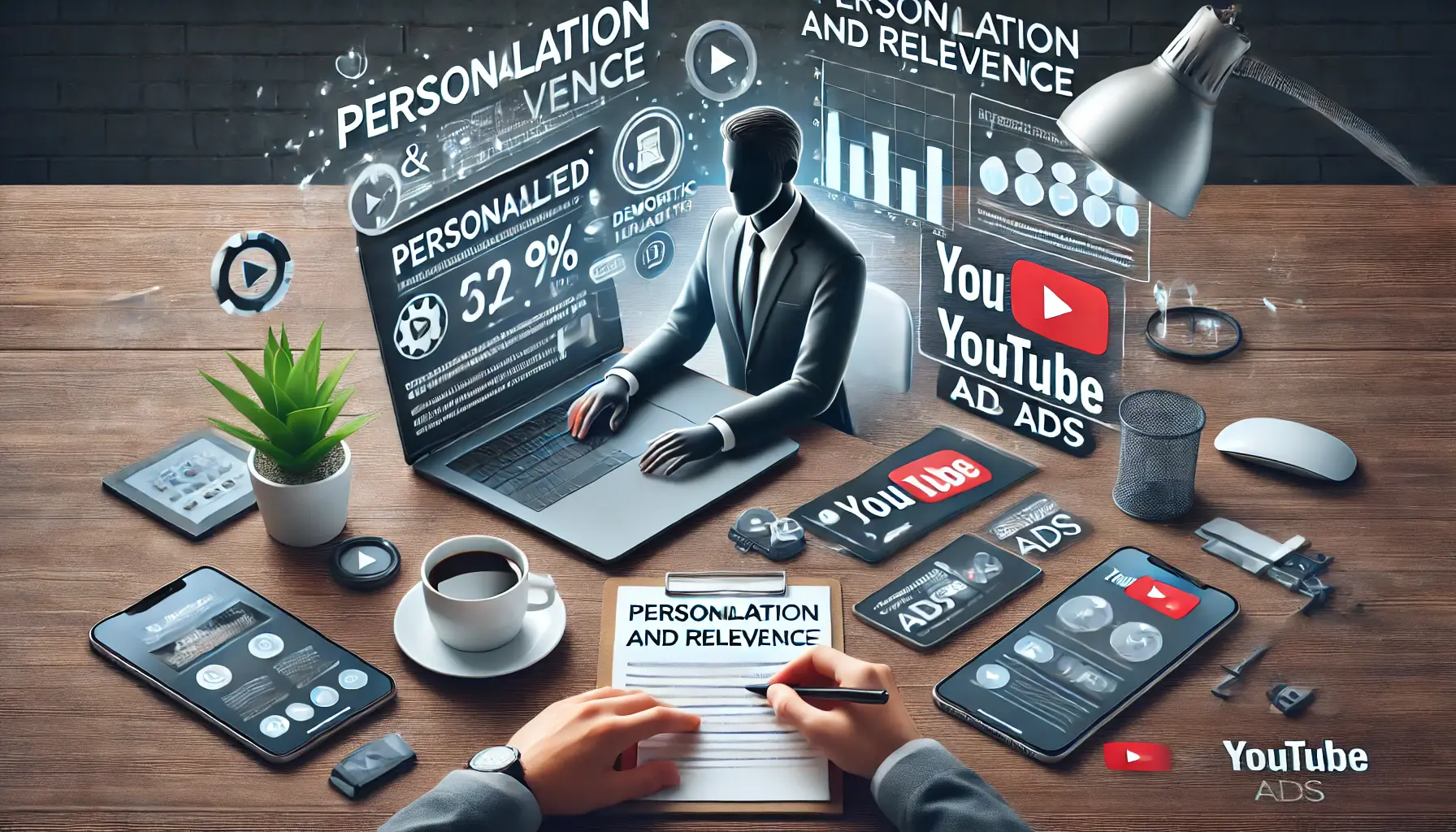 A marketer analyzing personalized ad content on a laptop screen, with elements like a coffee cup, notepad with personalized marketing ideas, and a smartphone displaying tailored content.