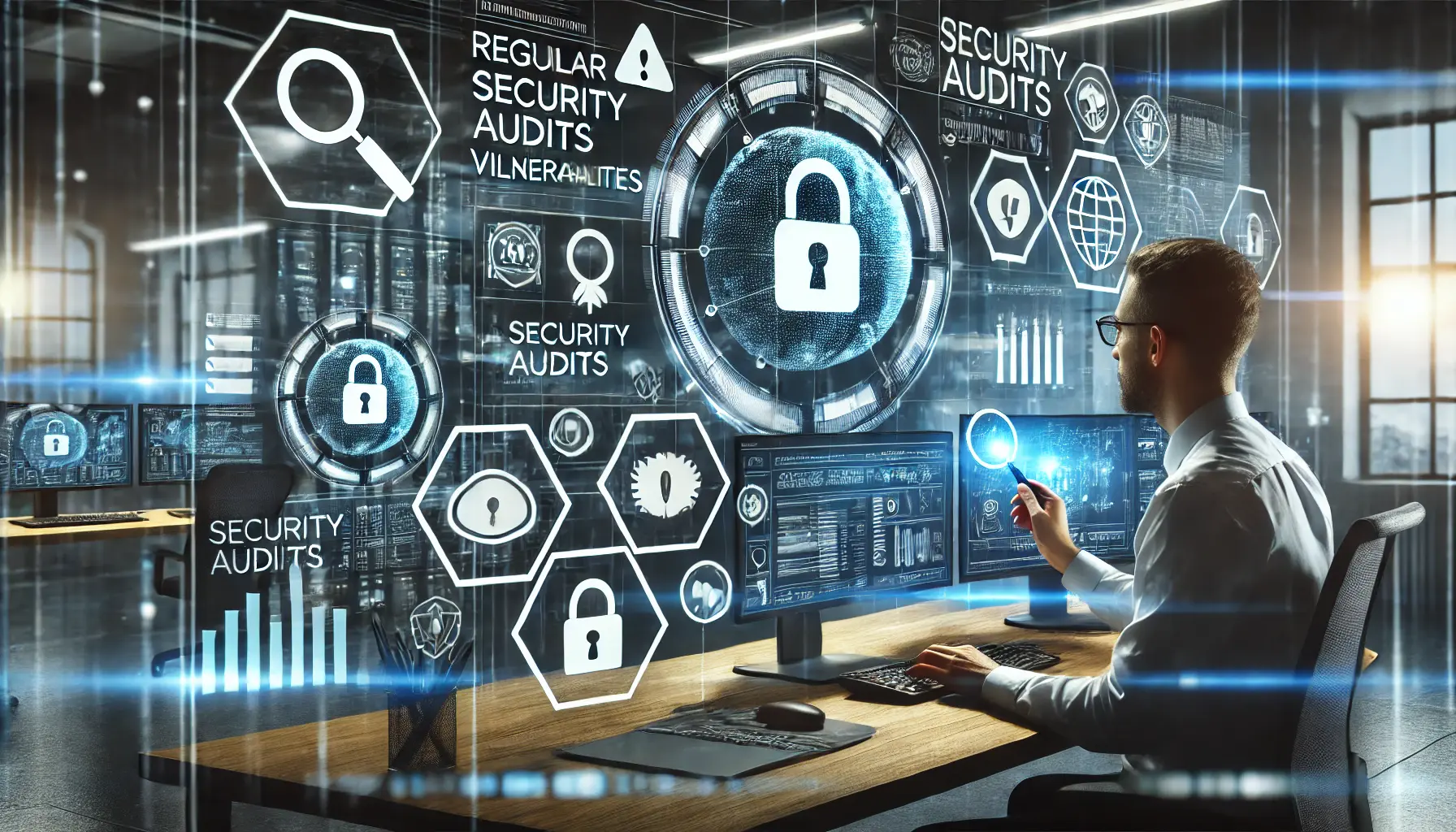 A cybersecurity expert analyzing data on multiple monitors with holographic icons like magnifying glasses, warning symbols, and shields, symbolizing regular security audits.