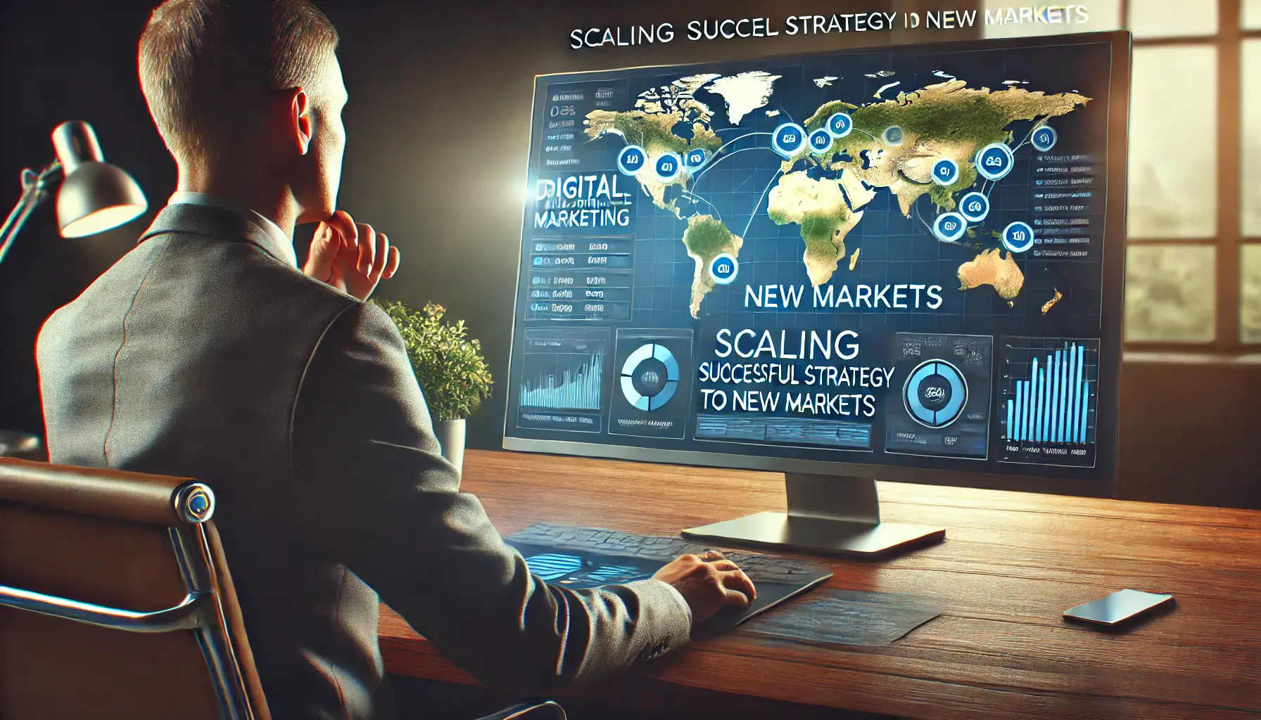 A digital marketing professional analyzing performance data and scaling successful strategies to new markets, displayed on a computer screen.