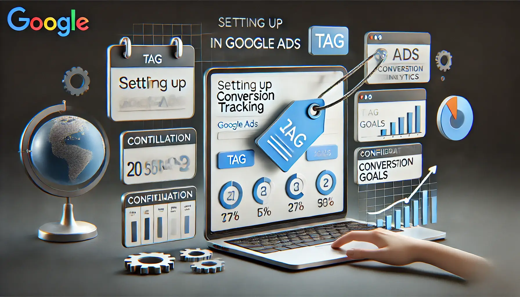 A depiction of setting up conversion tracking in Google Ads, showcasing tag installation, configuration dashboards, and analytics.