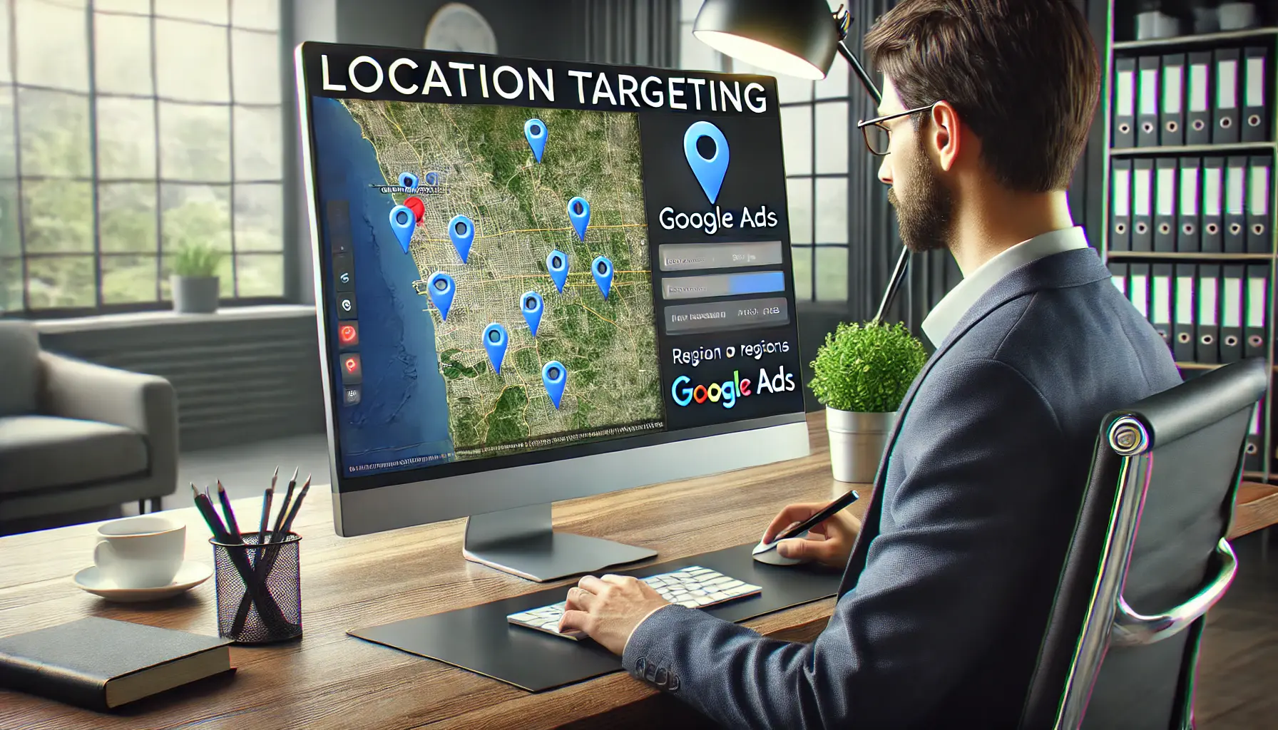 A digital marketing professional setting up location targeting in Google Ads, with maps and regions selected on the computer screen.