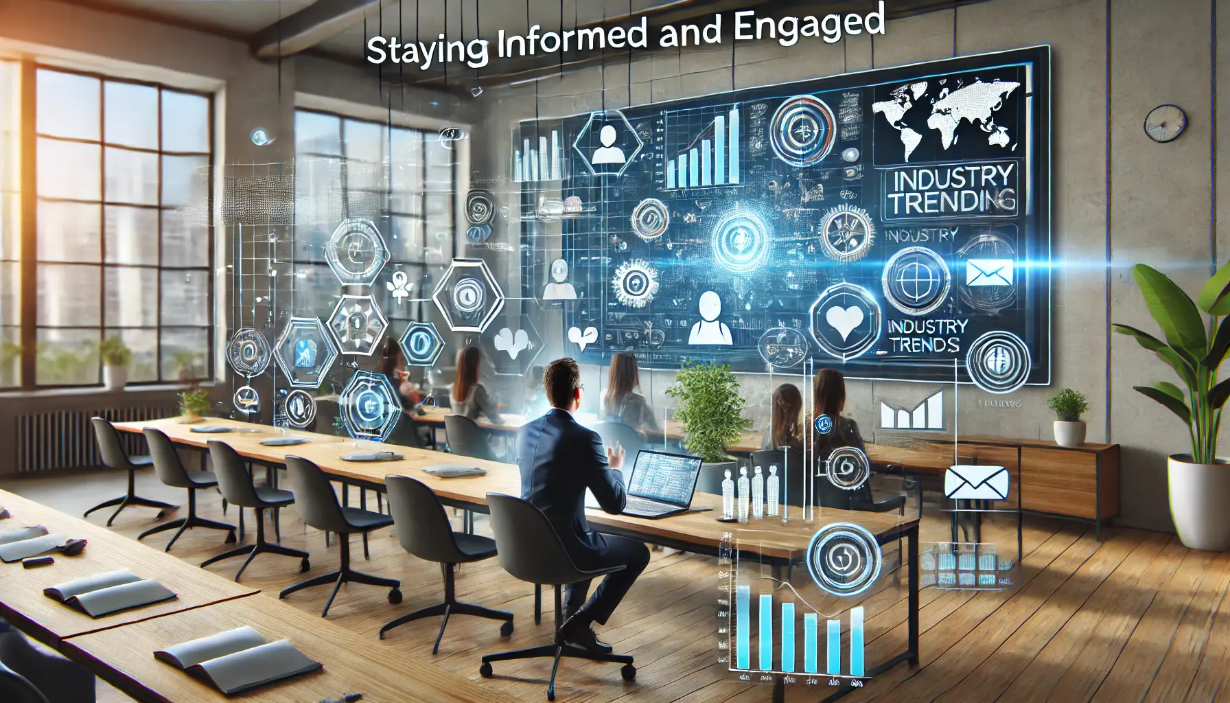 A professional participating in a virtual conference with holographic elements like notification icons, industry trend graphs, and collaboration tools, symbolizing active engagement.