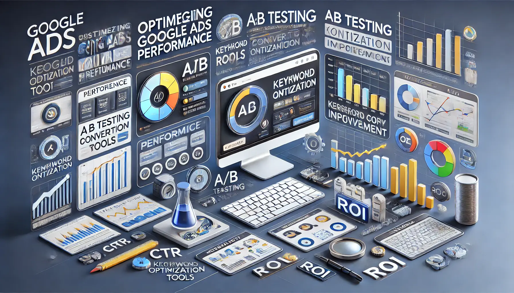 A depiction of strategies for optimizing Google Ads performance, showcasing analytics, A/B testing dashboards, and keyword tools.