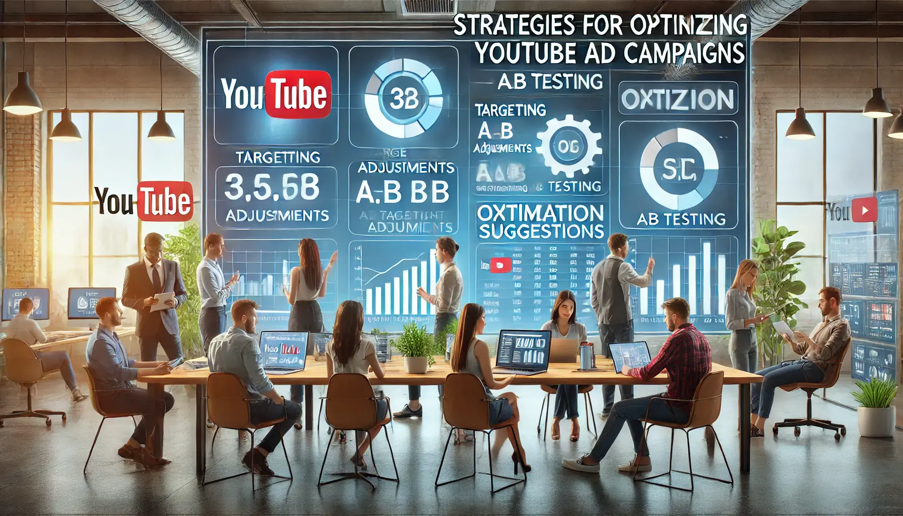 A team of digital marketers in a modern office discussing strategies for optimizing YouTube ad campaigns, reviewing performance data and A/B testing results.