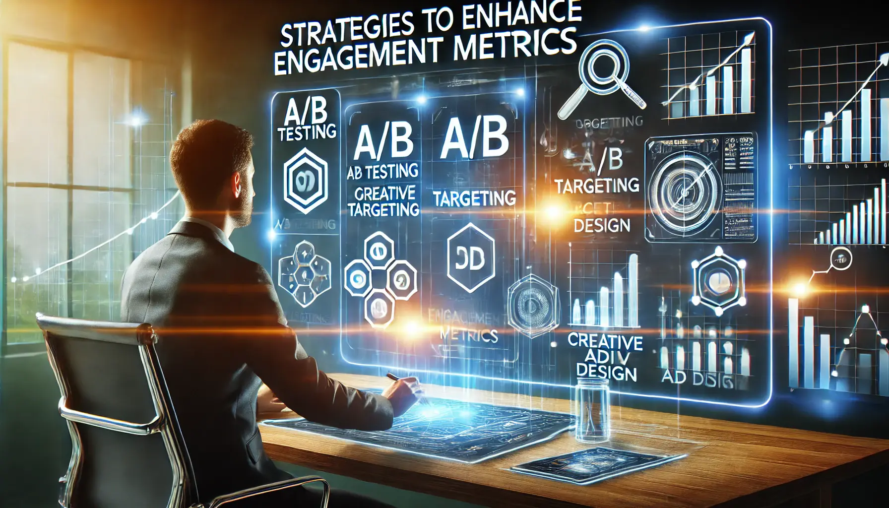 A digital marketing professional analyzing data on a screen with graphs, charts, and glowing data points, symbolizing optimization strategies like A/B testing and creative ad design.