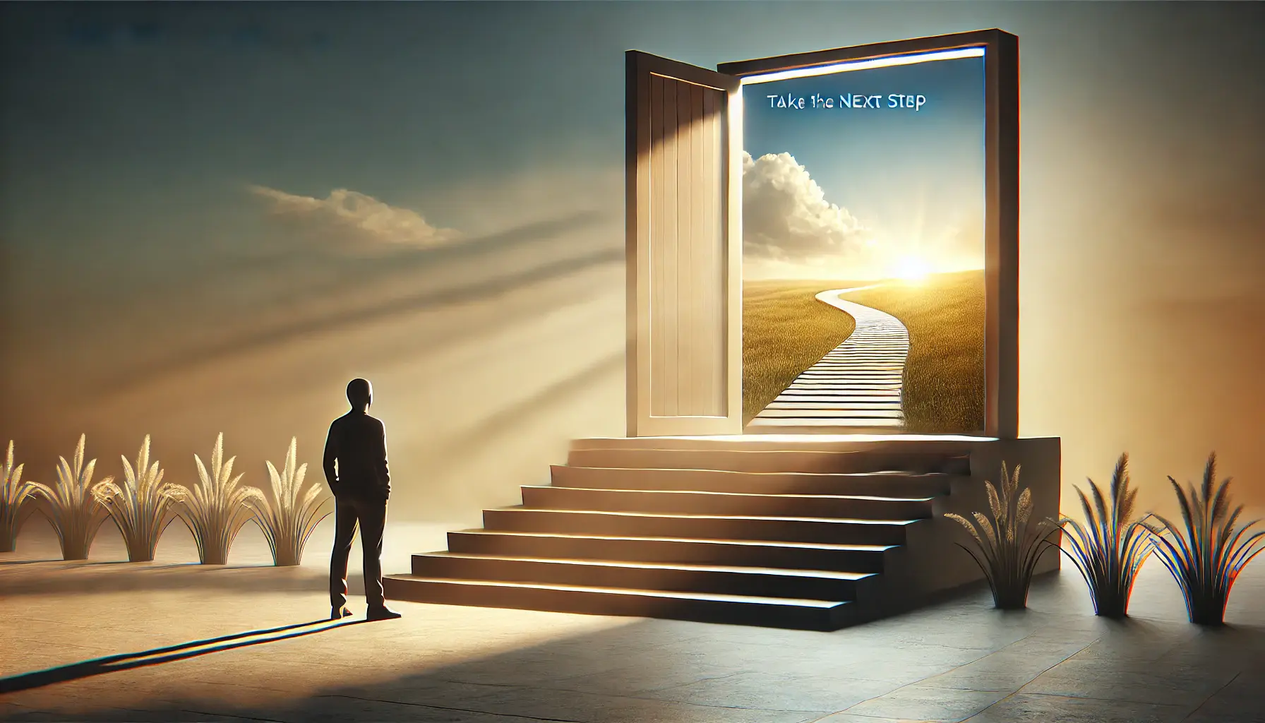 A person standing at the top of a staircase, looking ahead towards a bright, open door or horizon, symbolizing progress and opportunity.