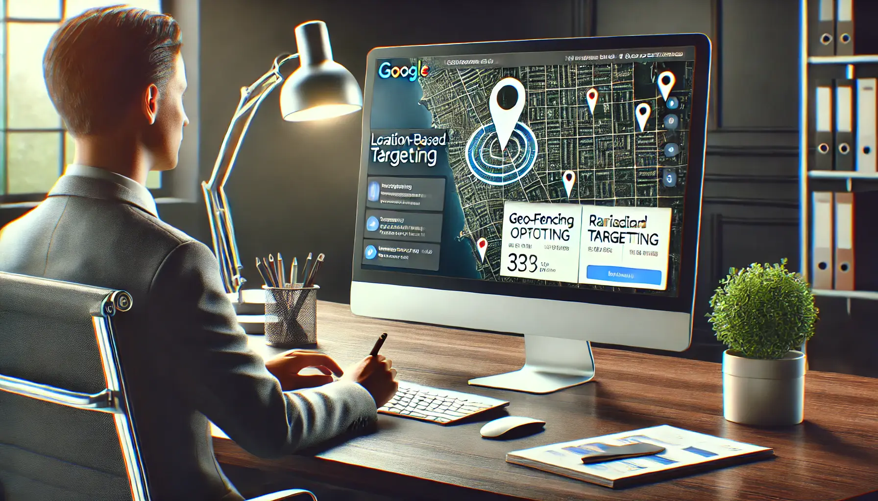 A digital marketing professional analyzing location-based targeting options on a computer screen, with map-based tools like geo-fencing or radius targeting.