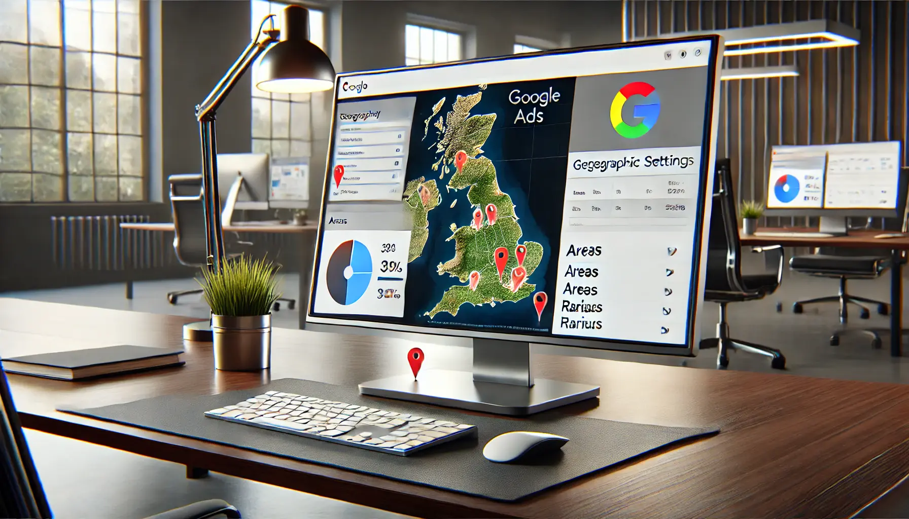 A digital marketing professional adjusting geographical settings in Google Ads, with a map and targeting areas displayed on the screen.