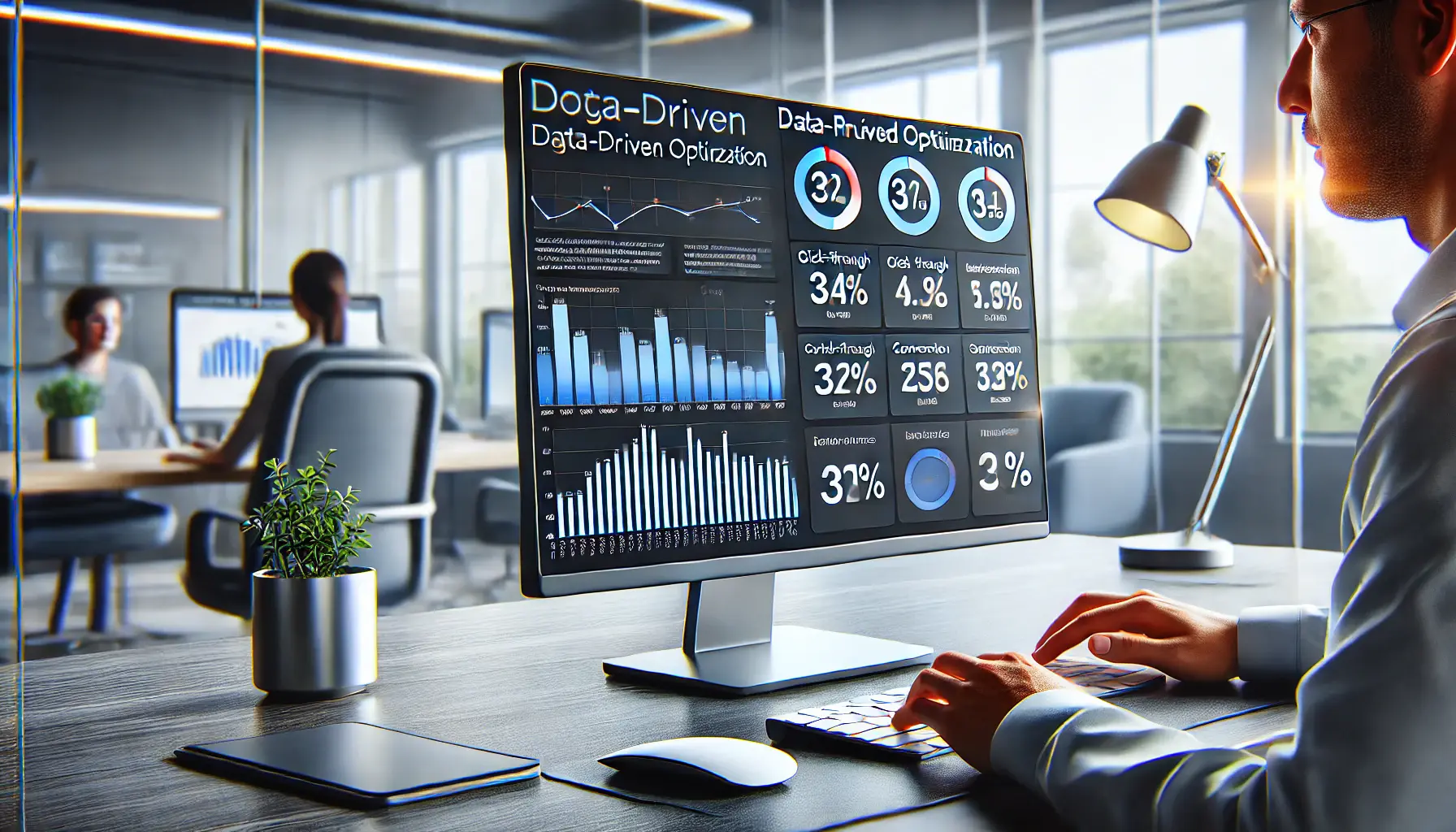 A digital marketing professional analyzing performance metrics such as click-through and conversion rates on a Google Ads interface.