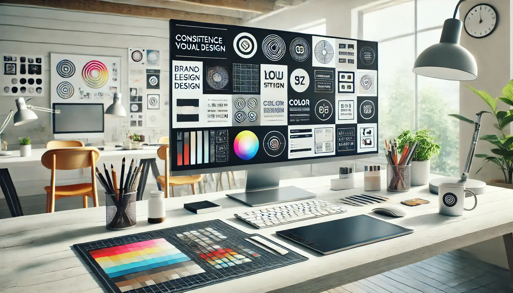 A workspace with a digital screen displaying brand elements like logos, color swatches, and typography, alongside design tools like a tablet and color guides.