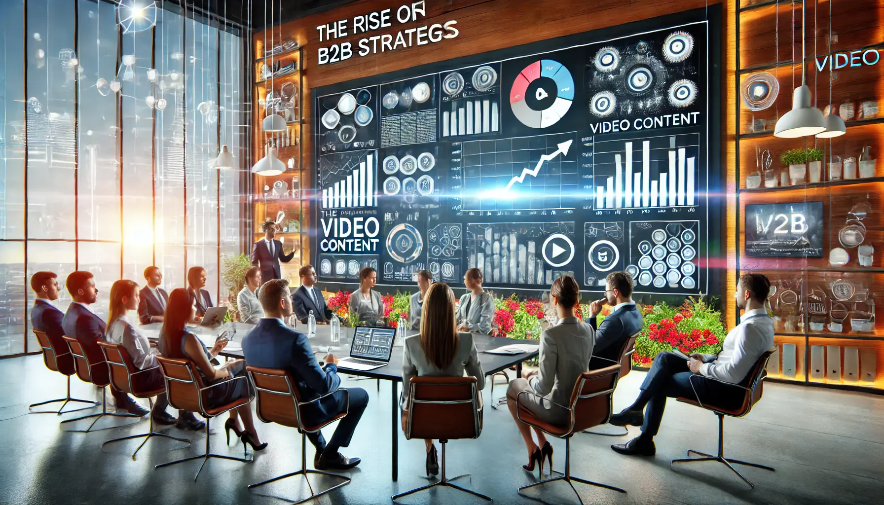 A collaborative office setting with professionals viewing a presentation on a large screen displaying video analytics and graphs, symbolizing video content in B2B strategies.