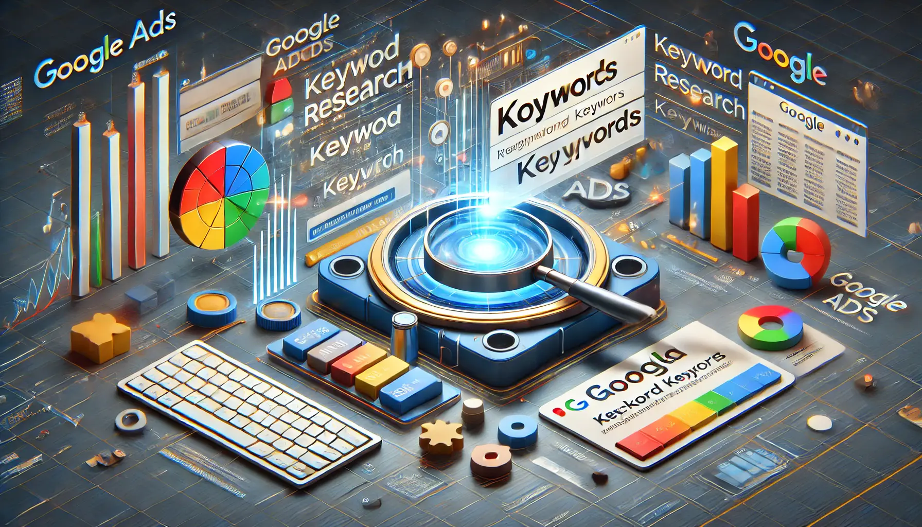 A depiction of the role of keywords in Google Ads, featuring search query bars, highlighted keywords, and triggered ads.