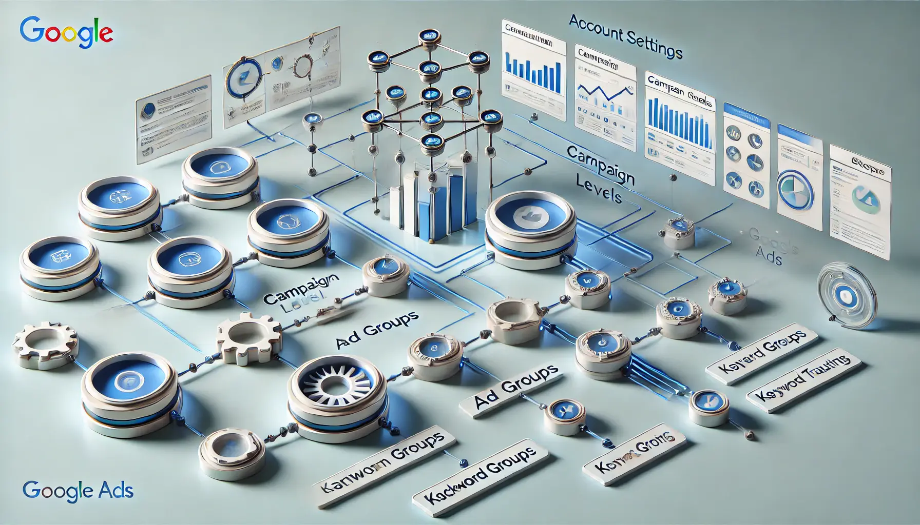 A visual depiction of the hierarchical structure of a Google Ads account, including account settings, campaign levels, ad groups, and keyword targeting.