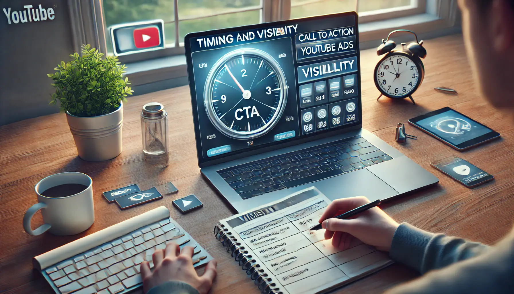 A digital marketer analyzing a YouTube ad interface with a CTA button appearing at different moments in the video timeline, with a clock symbolizing optimal CTA timing.