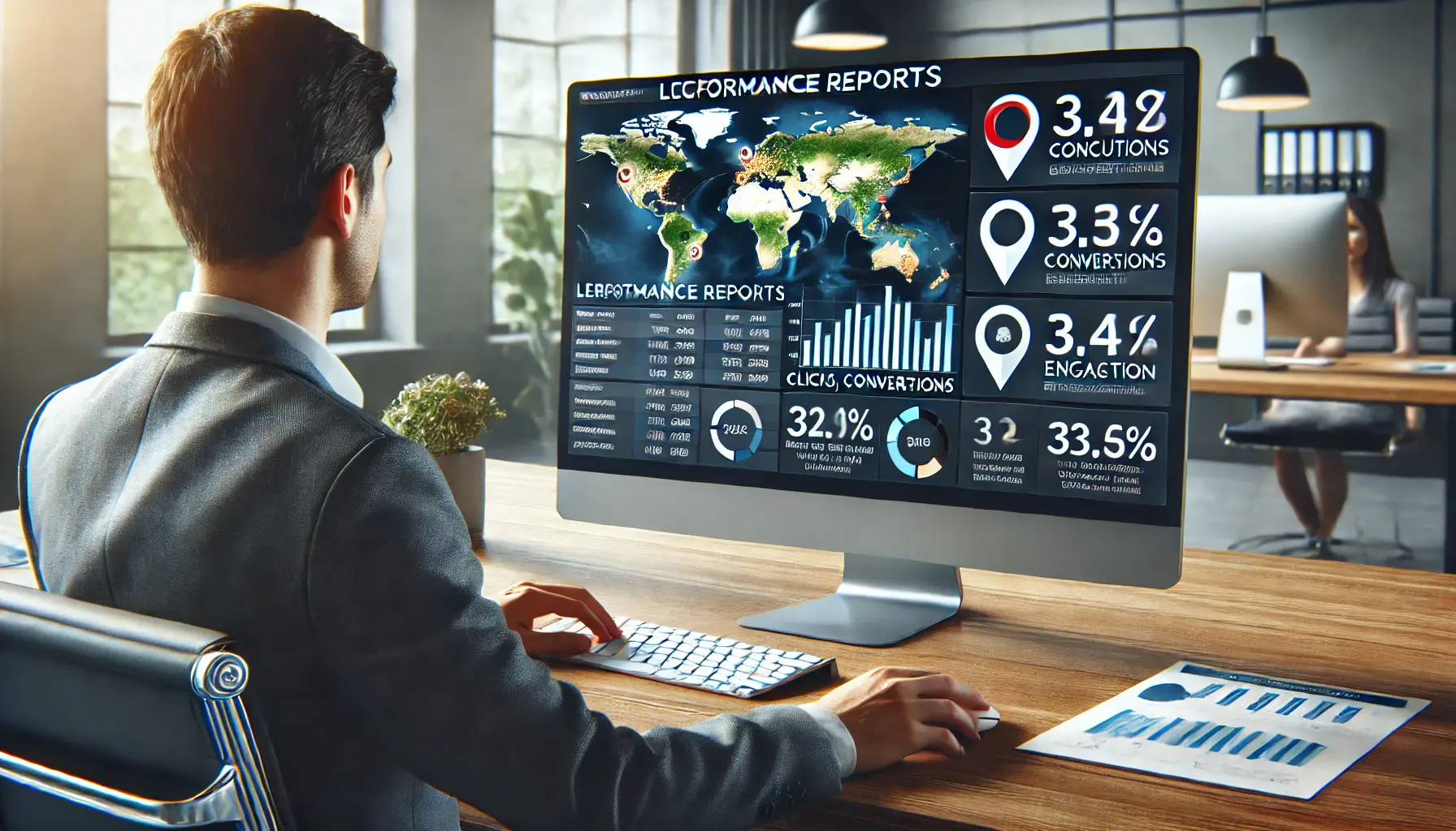 A digital marketing professional reviewing location reports and performance data on a computer screen, with maps and metrics displayed.