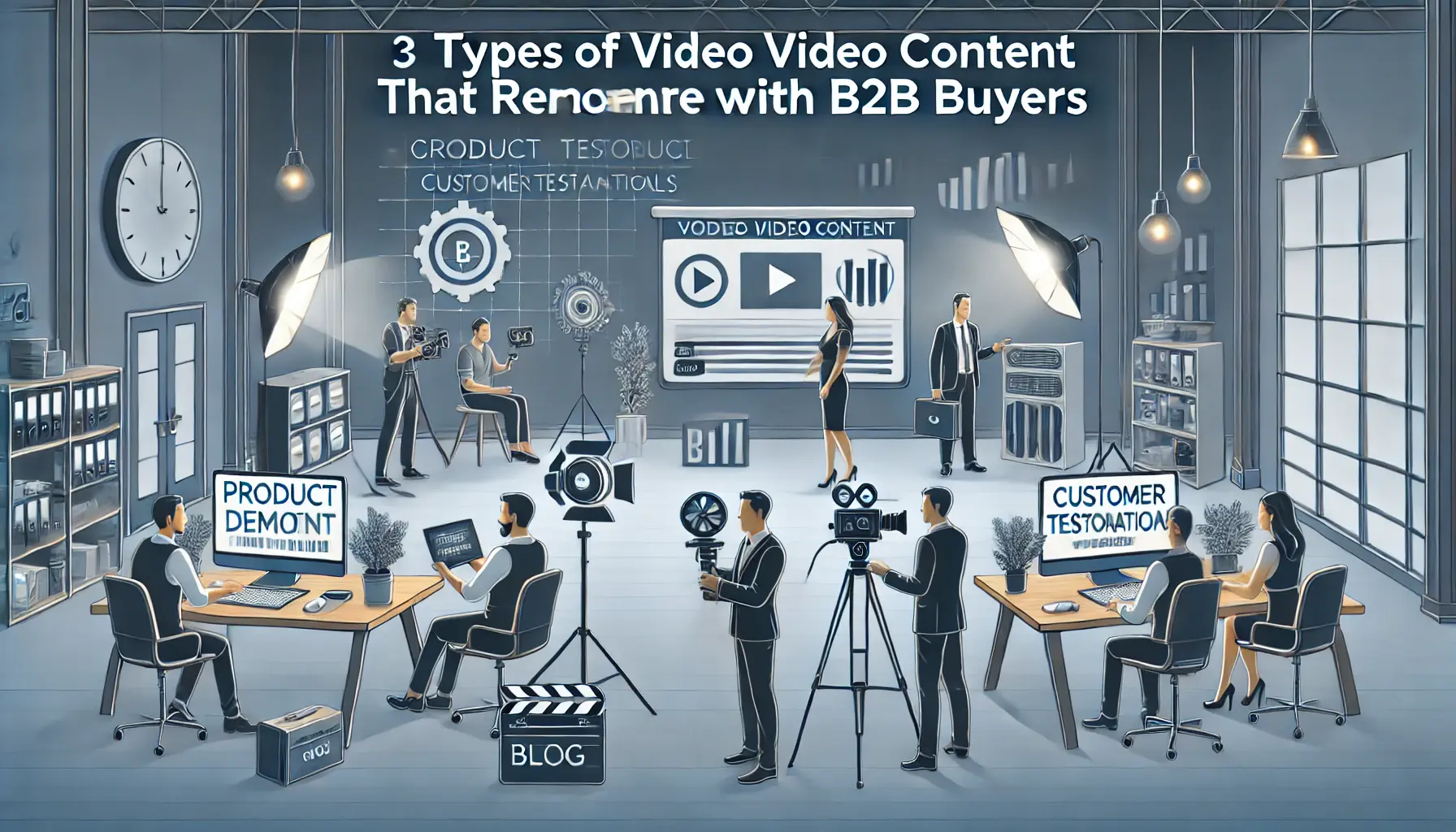 A video production team working on various types of B2B video content, including product demos, customer testimonials, and thought leadership content.