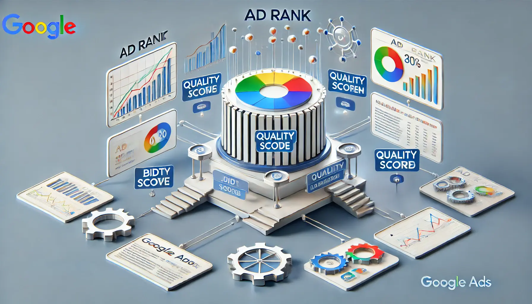 A depiction of Ad Rank and its determining factors, including bid amounts, Quality Scores, and ad extensions.