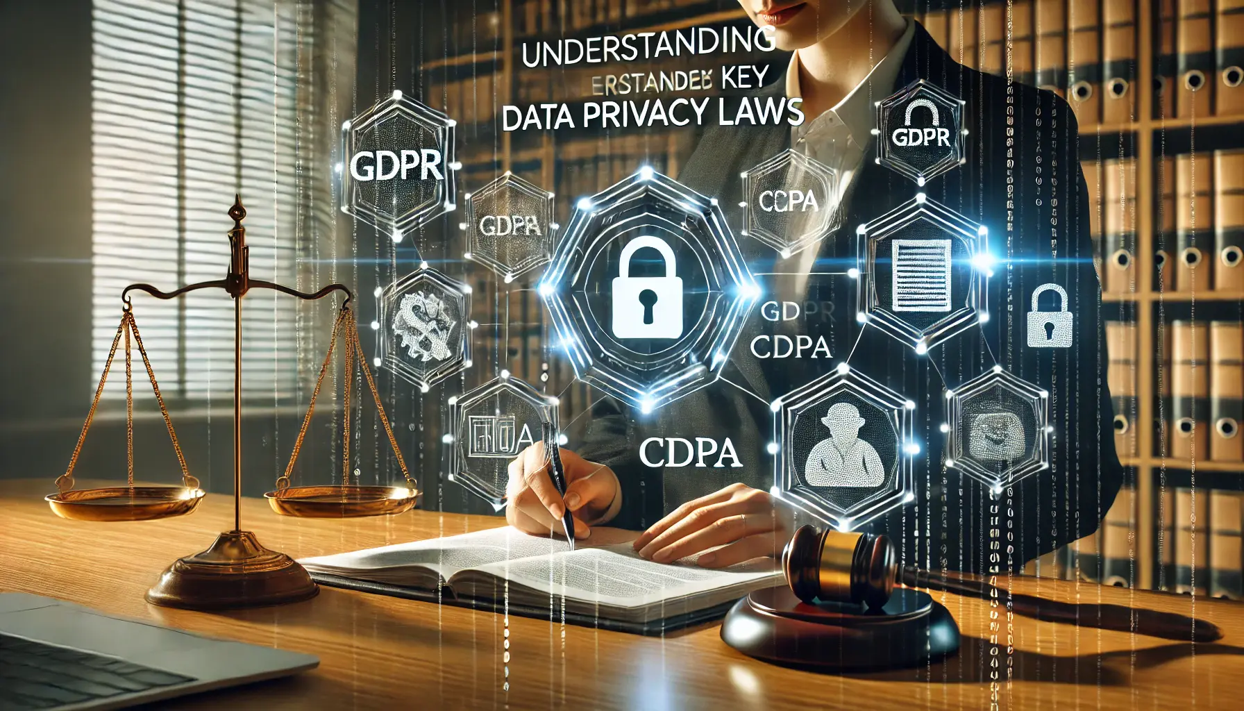 A professional reviewing legal documents on a digital screen surrounded by holographic icons of GDPR, CCPA, and legal scales, symbolizing key data privacy laws.