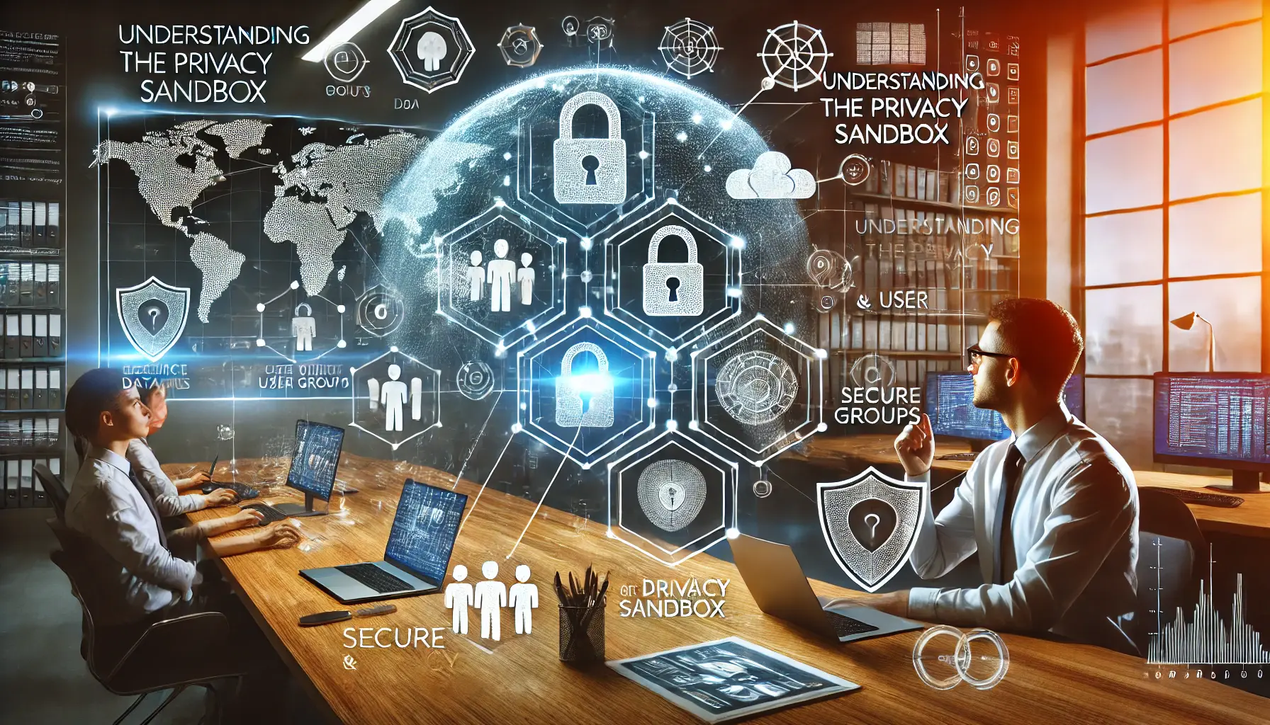 A professional analyzing a holographic representation of a privacy sandbox with interconnected data nodes, secure APIs, and encrypted icons, symbolizing privacy-focused web standards.