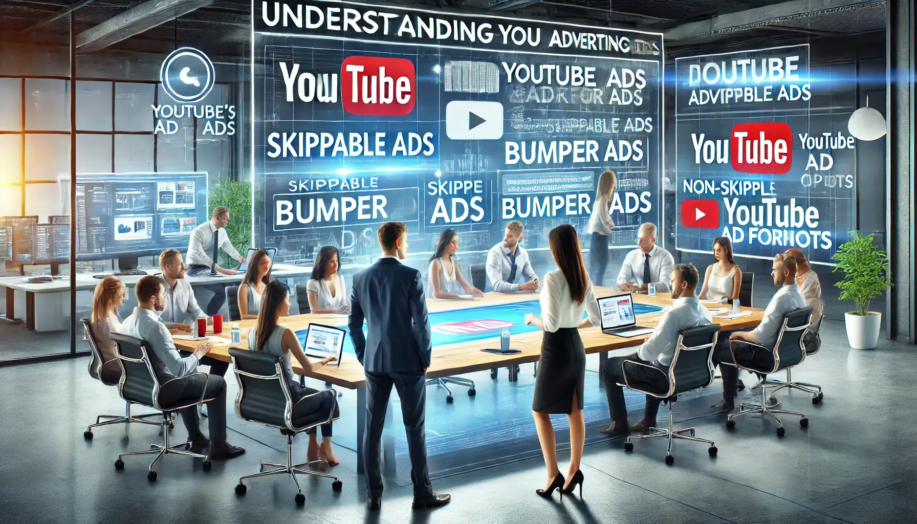 A digital marketing team discussing YouTube's ad formats like skippable, bumper, and non-skippable ads on a large screen in a modern office.