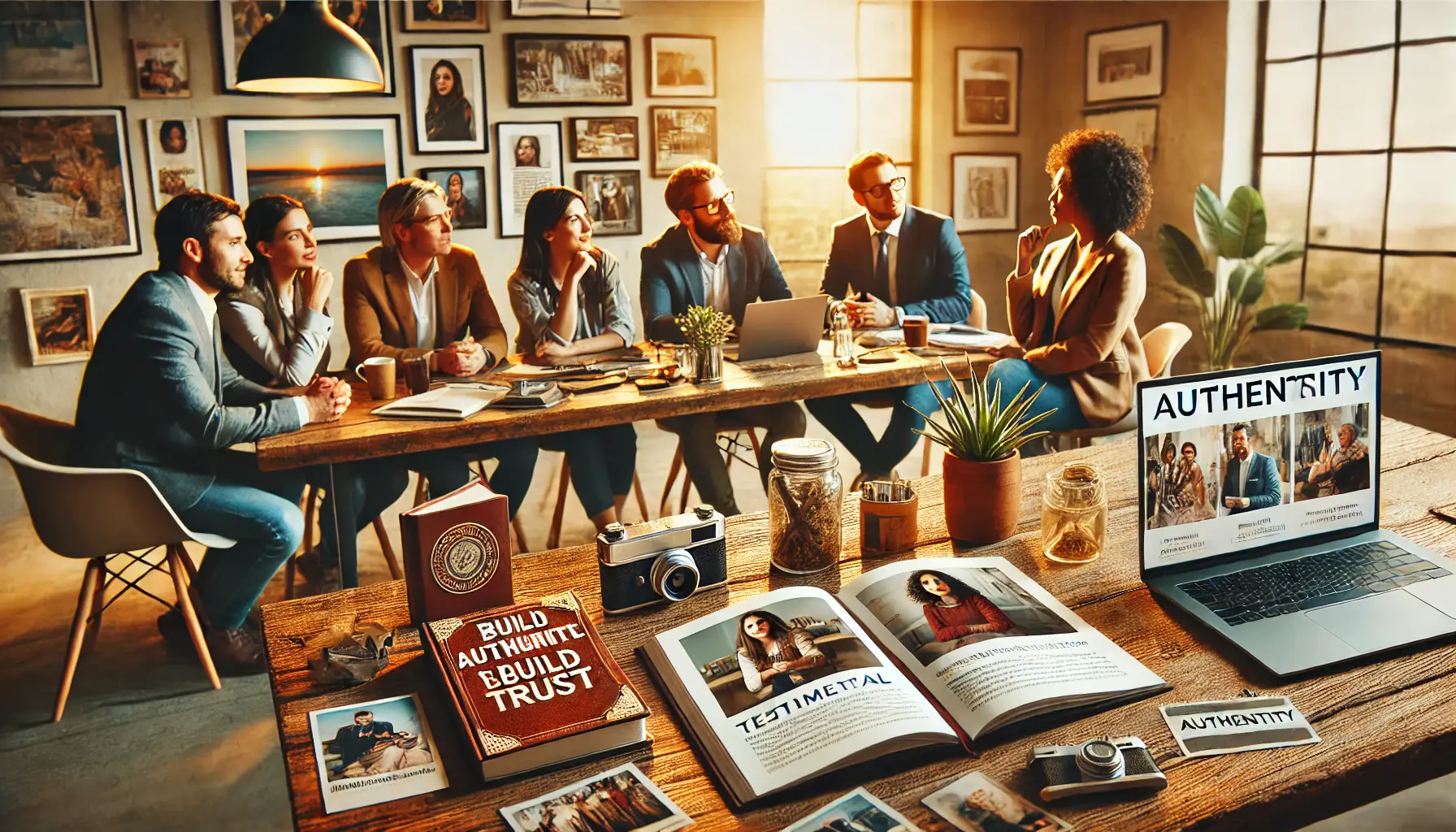 A diverse group of professionals engaged in a transparent discussion with items symbolizing authenticity, like testimonial books and behind-the-scenes content.