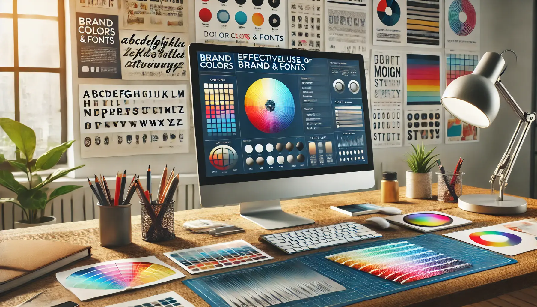 A design studio workspace showing a computer screen with color palettes and font styles, with design tools like color wheel and typography guides.