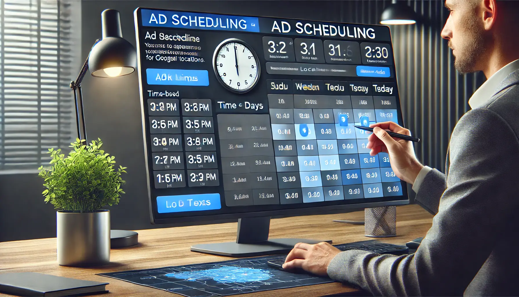 A digital marketing professional adjusting ad scheduling settings for time-specific location targeting on a Google Ads interface.