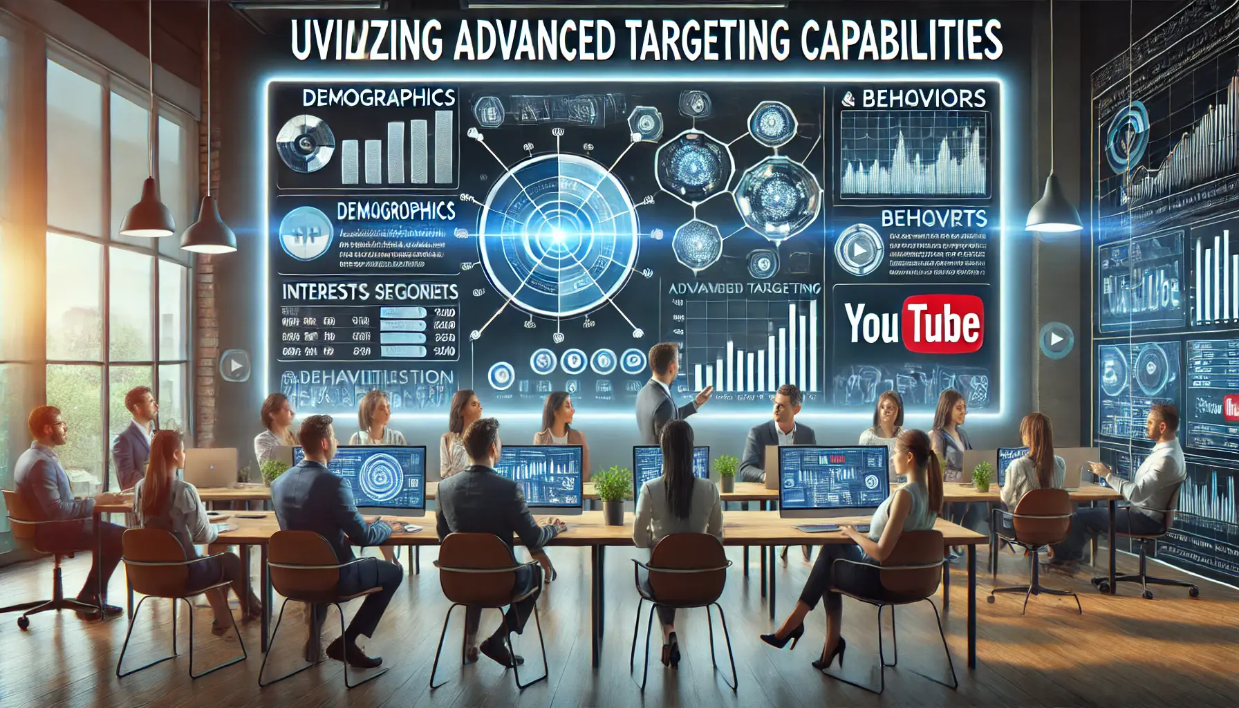 A digital marketing team discussing advanced targeting capabilities for YouTube campaigns, with a large screen displaying audience data such as demographics, interests, and behaviors.