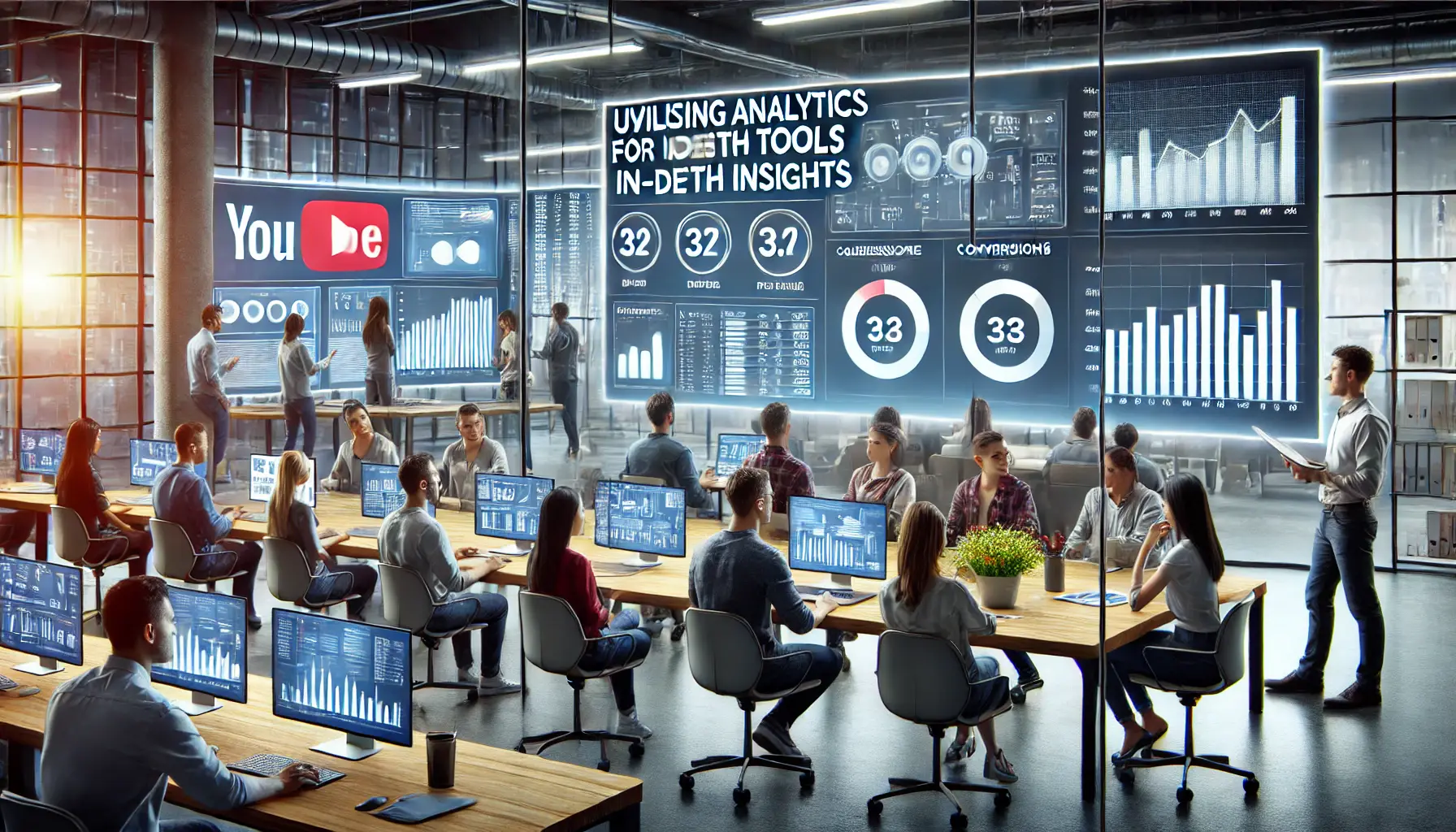 A group of digital marketers in a modern office analyzing campaign data and insights on large screens using advanced analytics tools.