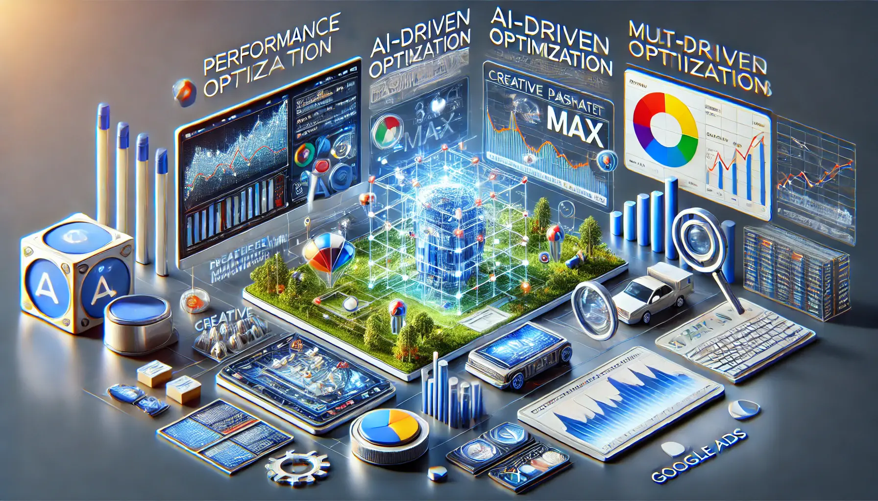 A depiction of utilizing Performance Max campaigns in Google Ads, showcasing AI-driven optimization, multi-platform ad previews, and analytics.