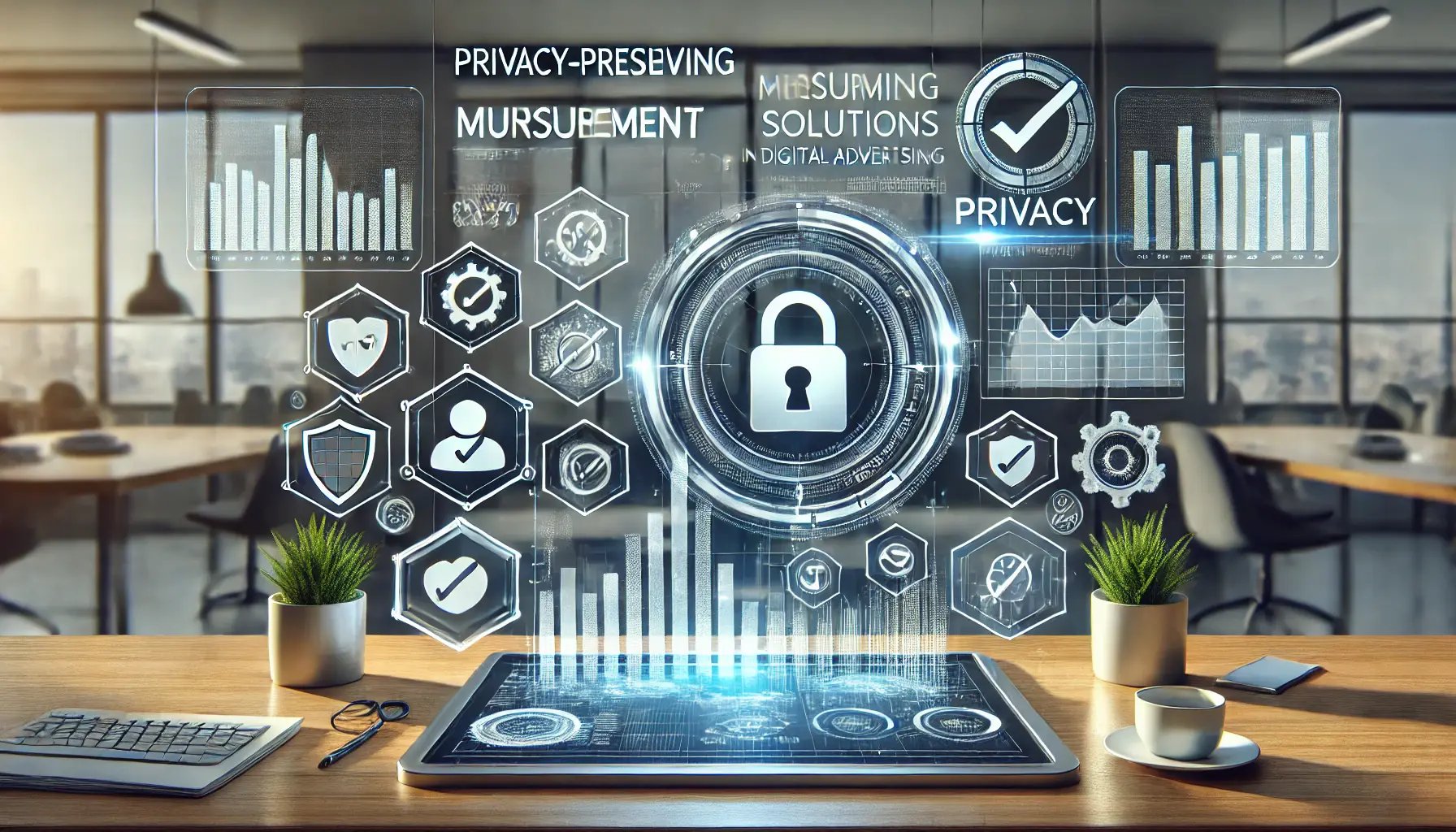 A digital dashboard showing anonymized analytics data with privacy-related metrics, surrounded by holographic shields and data graphs in a modern workspace.