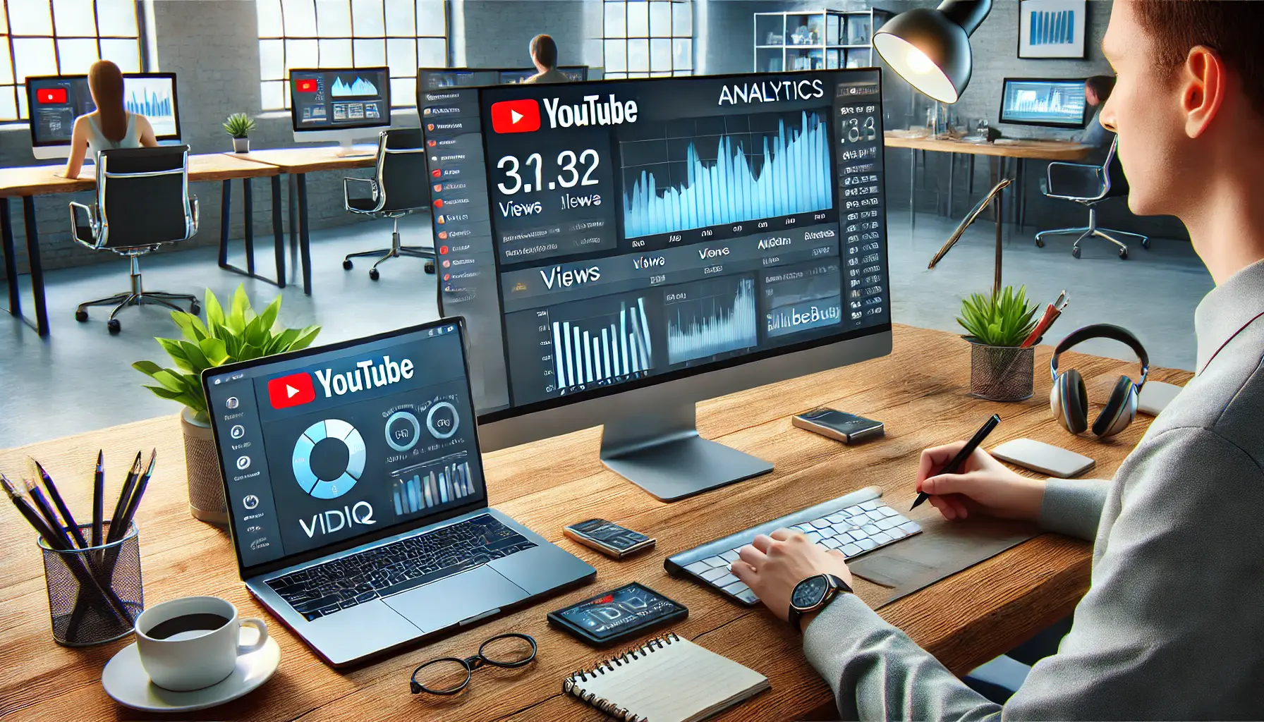 A professional workspace with YouTube Analytics on a large monitor and third-party tools like VidIQ or TubeBuddy open on a laptop.