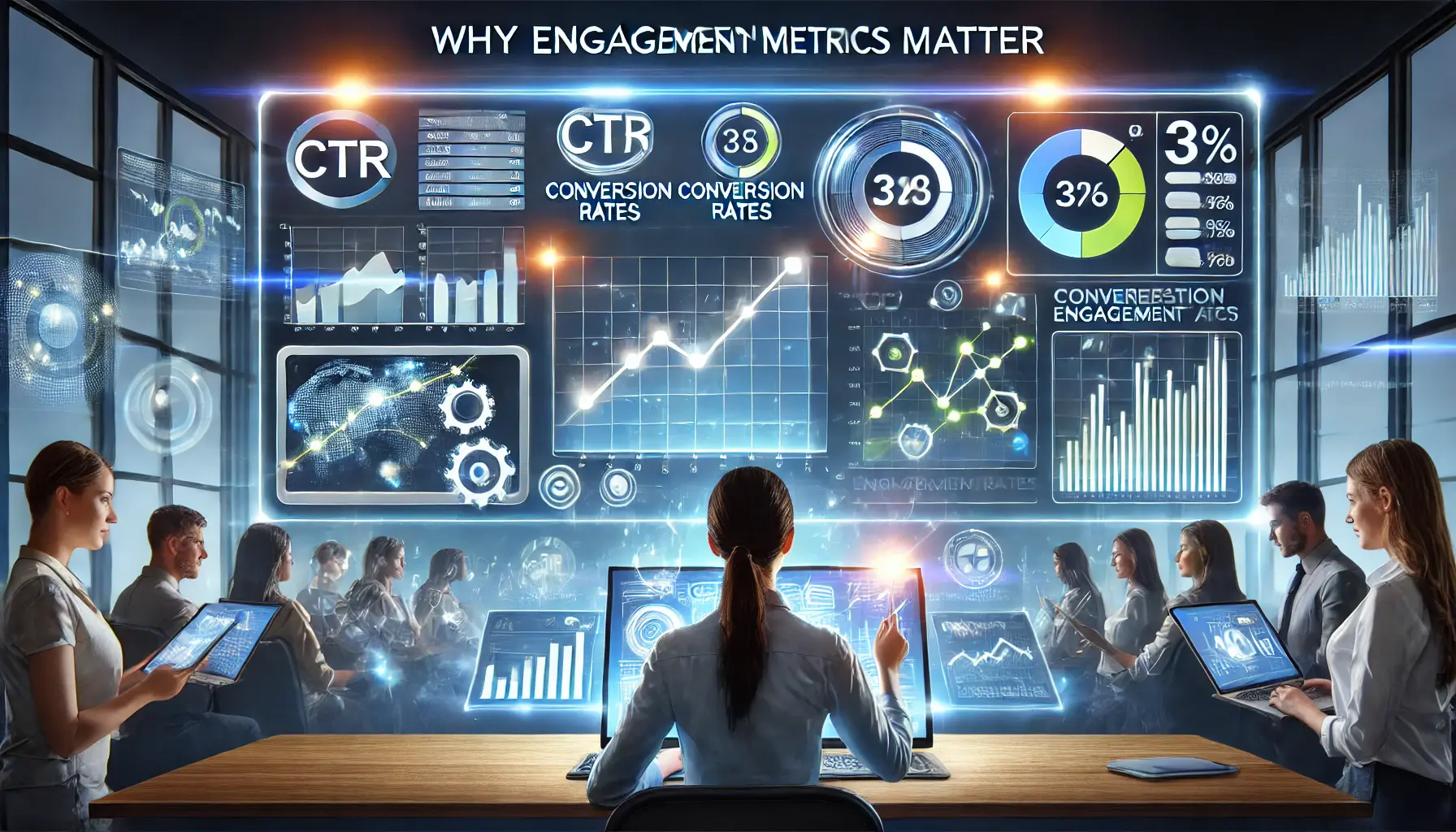 A digital marketing professional analyzing key engagement metrics such as CTR, conversion rates, and engagement rates, shown with dynamic trends and glowing data visualizations.