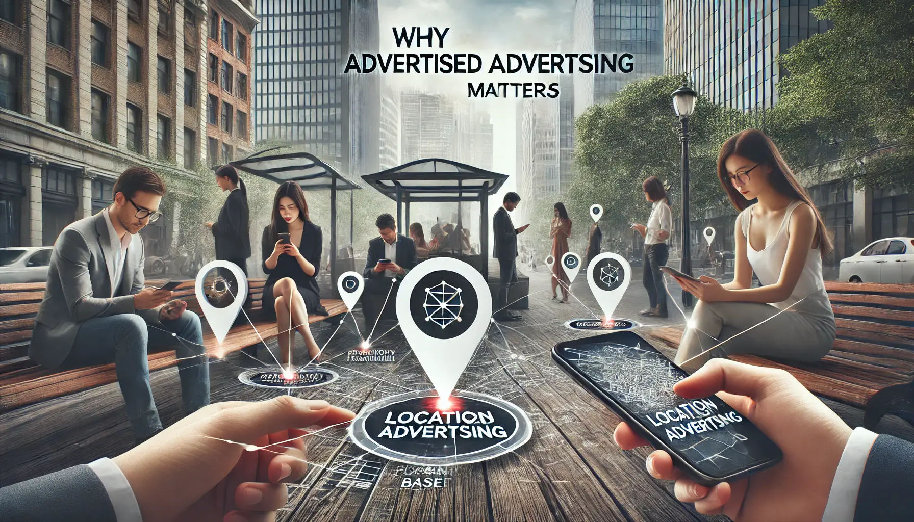 People in an urban environment using smartphones displaying location-based services, illustrating the importance of location-based advertising.