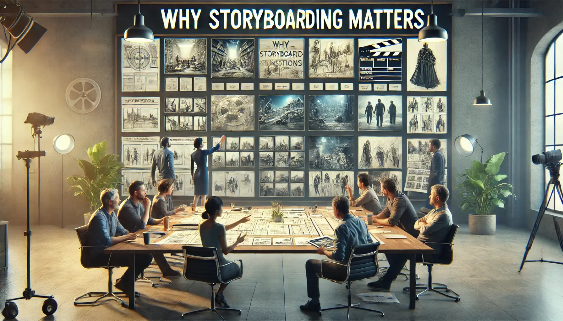 A group of filmmakers and creatives gathered around a table with storyboards, discussing key scenes and transitions displayed on a visual board in the background.