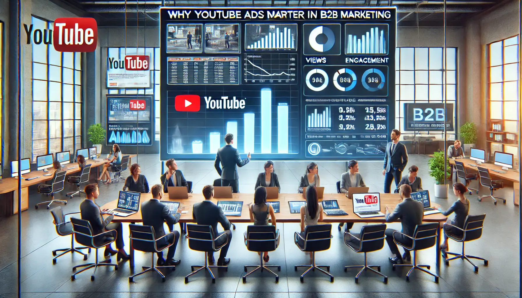 A business team in a modern office discussing the importance of YouTube ads for B2B marketing, analyzing key performance metrics on a screen.