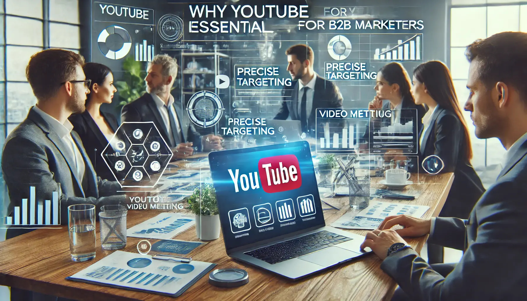 A digital marketing team discussing strategy with a laptop displaying YouTube advertising features like targeting and video metrics, highlighting YouTube's role in B2B marketing.