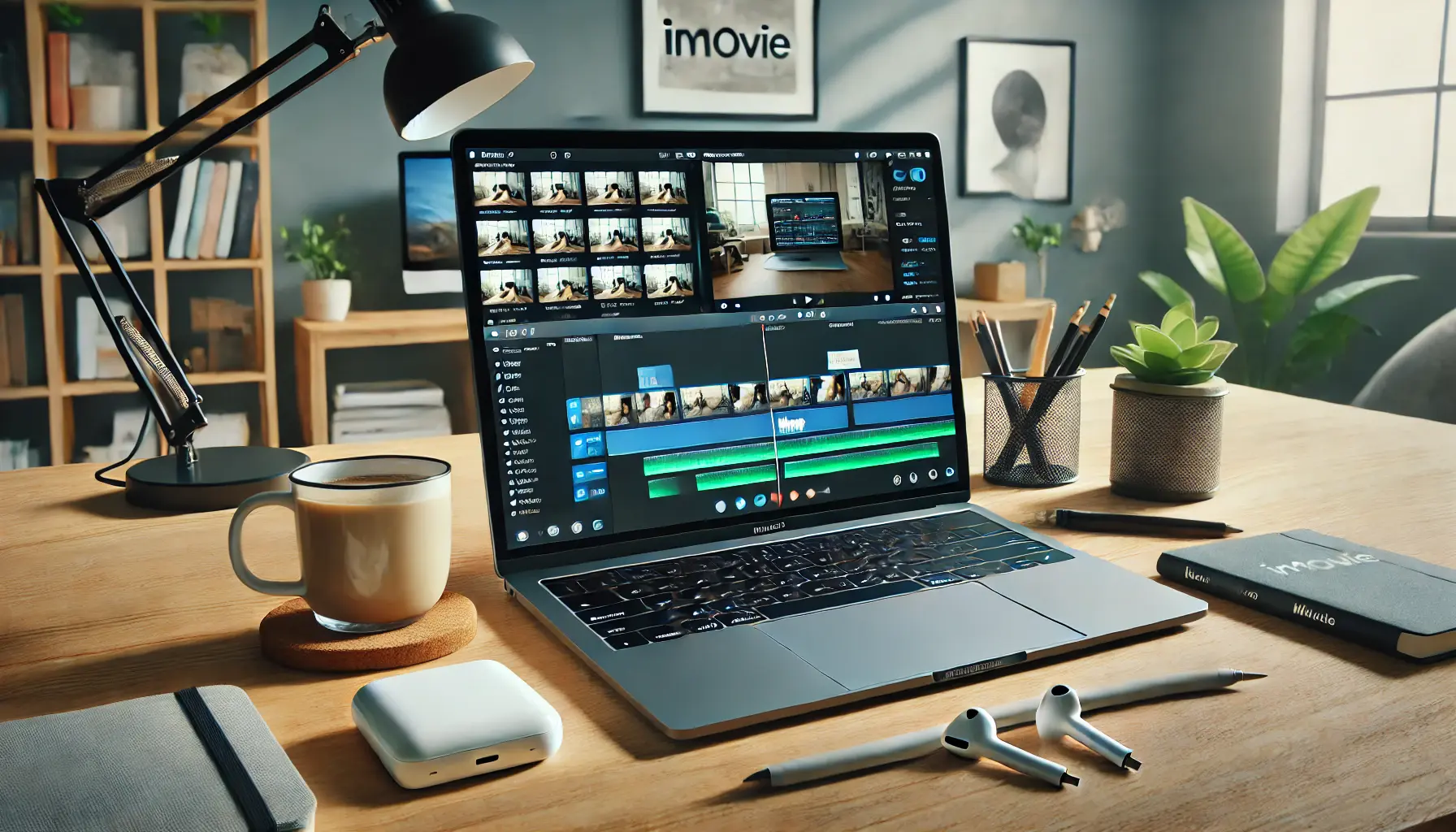 A cozy video editing setup featuring a MacBook Air with iMovie's interface, surrounded by casual accessories like a coffee cup and notebook.