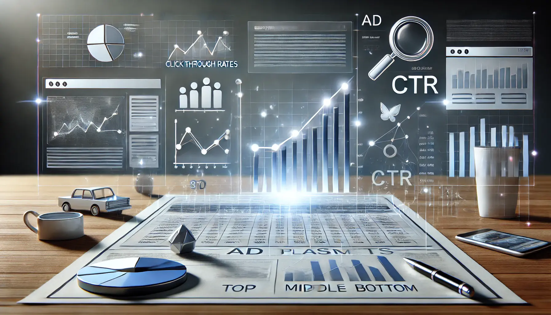 An illustration showing the relationship between ad placement on a search engine results page and varying click-through rates with analytics graphs.